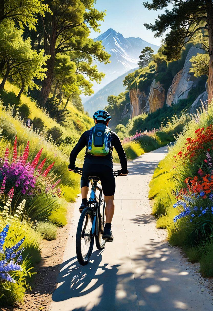 A cyclist confidently riding an electric bike along a scenic path surrounded by lush greenery and vibrant wildflowers, with a panoramic view of mountains in the background. The scene conveys a sense of adventure and freedom, showcasing different styles of electric bikes lined up on the side. Emphasize dynamic movement and energy, with sunlight filtering through the trees. super-realistic. vibrant colors. white background.