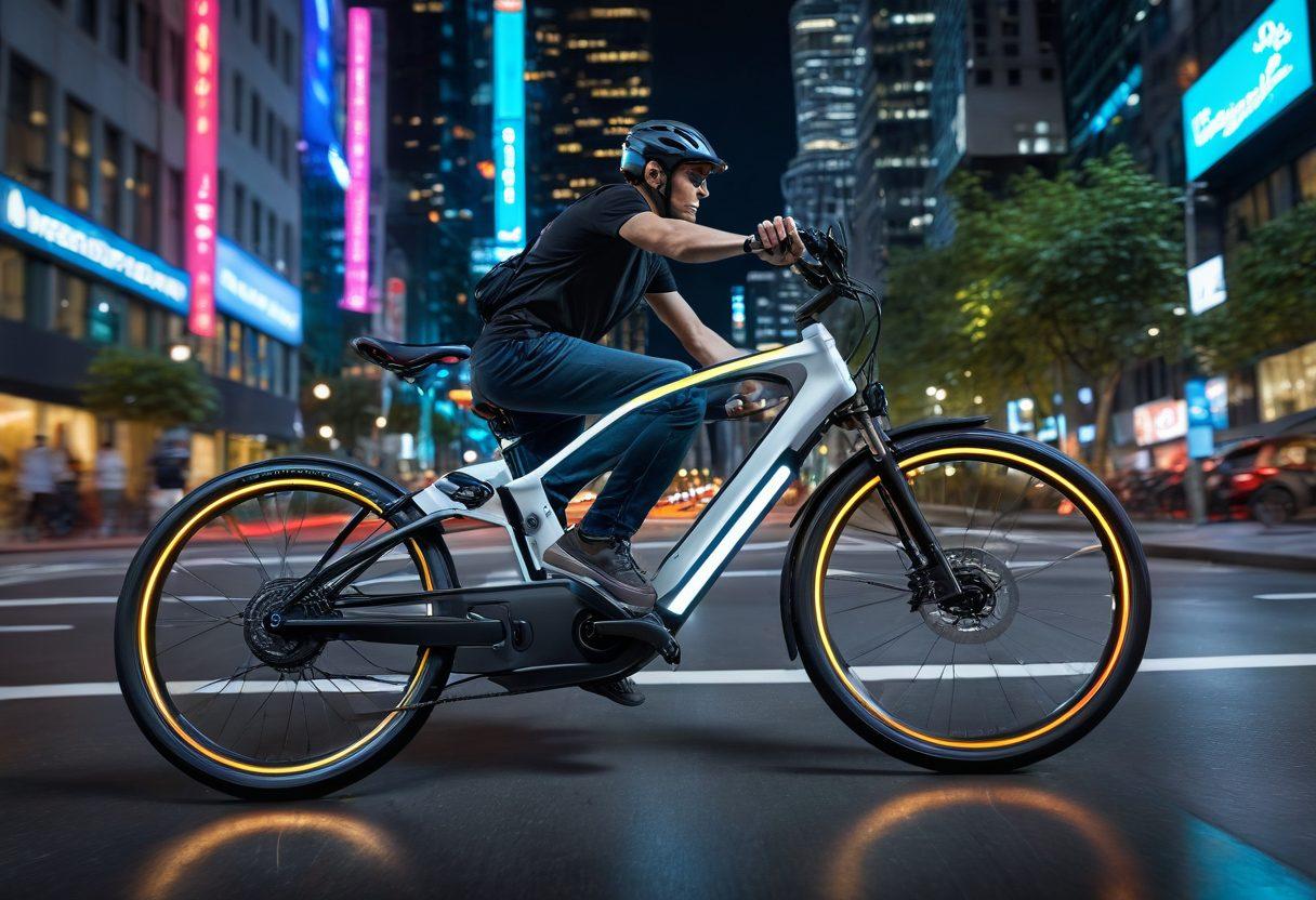 A visually striking electric bicycle set against a futuristic cityscape, showcasing high-tech features like sleek design, integrated smart displays, and vibrant neon lights. Include cyclists navigating through bustling urban streets filled with greenery and sustainable energy elements like solar panels. Highlight the performance aspects with speed trails and dynamic movement. The scene should reflect innovation and excitement in electric mobility. super-realistic. vibrant colors. 3D.